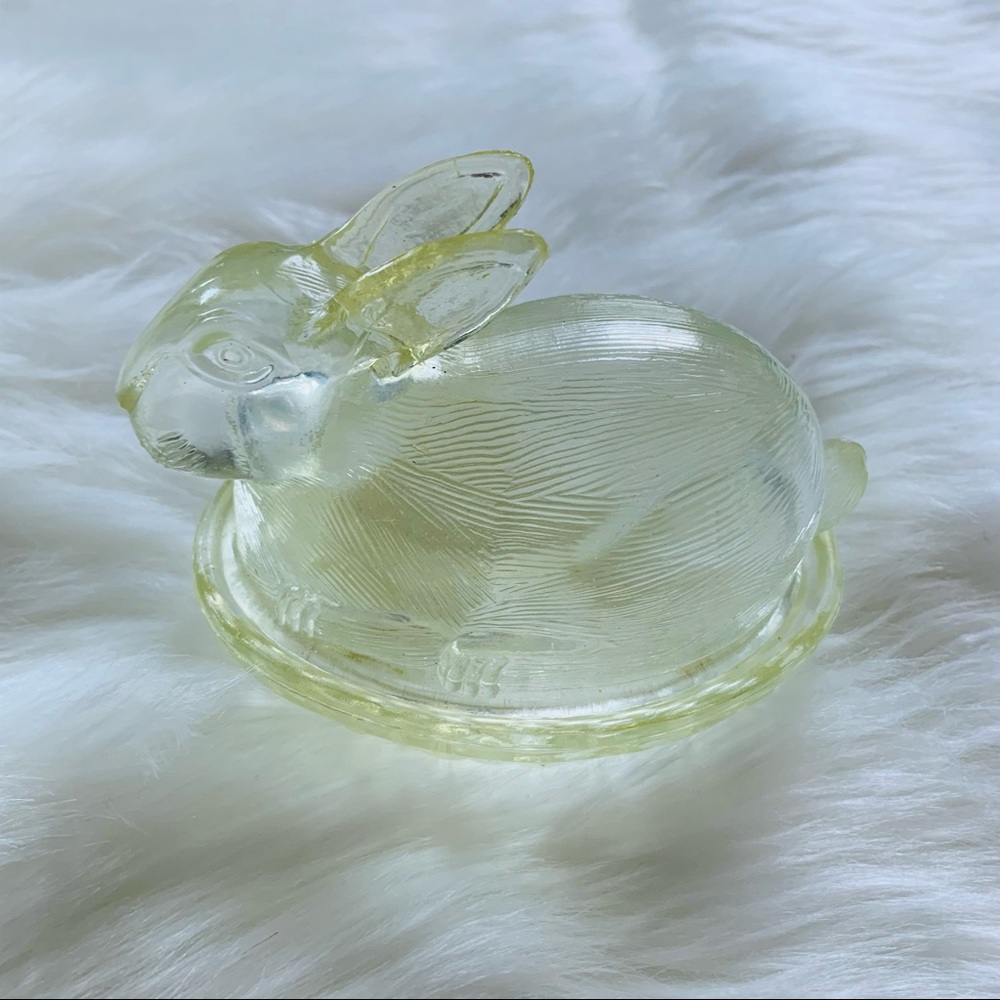 Vintage Glass Nesting Bunny On Basket Candy Dish